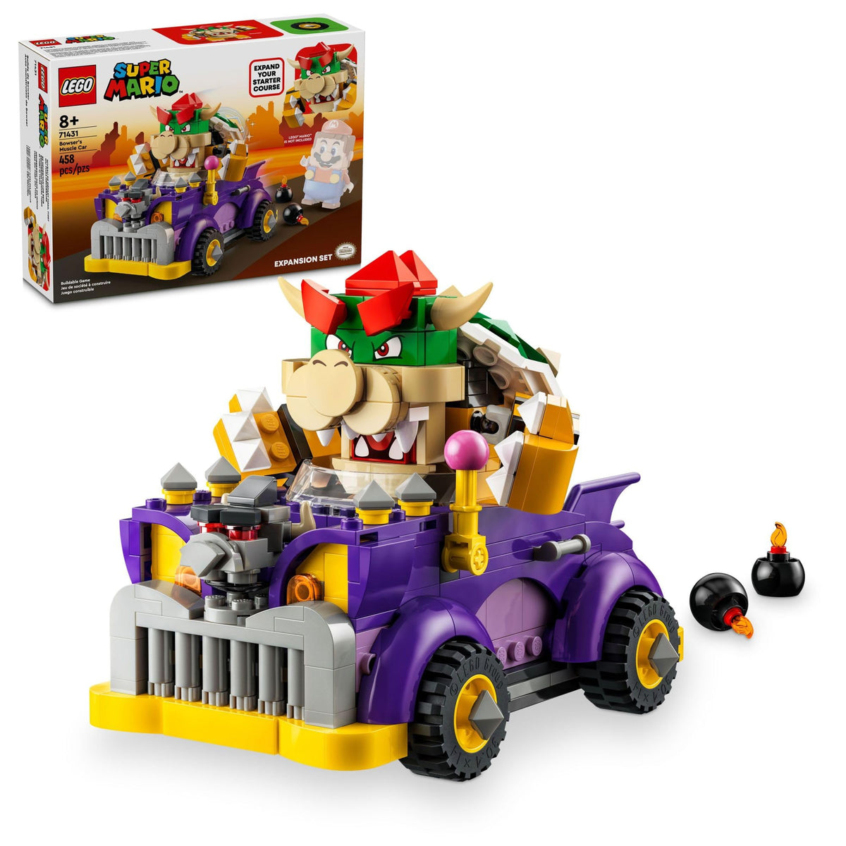 LEGO Super Mario Bowser muscle car front view for imaginative racing play.