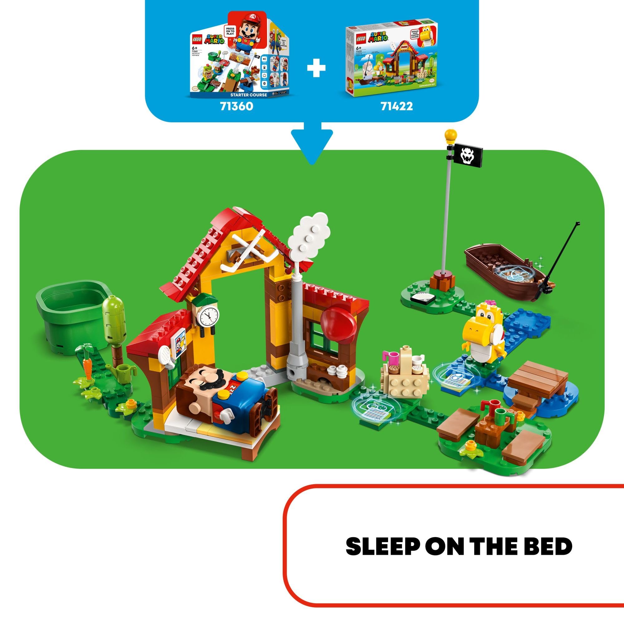 LEGO Super Mario picnic-table field hockey setup for active play.