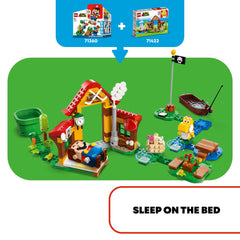 LEGO Super Mario picnic-table field hockey setup for active play.