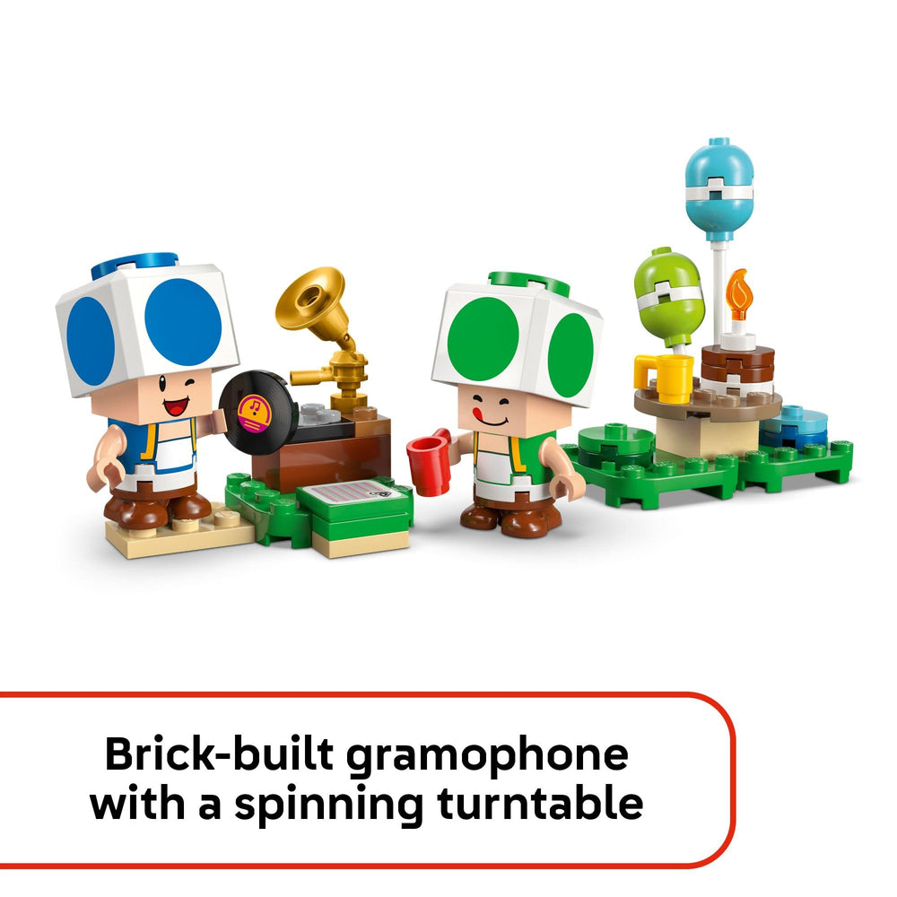 LEGO Super Mario Toads House gramophone detail sparks musical imagination during parties.