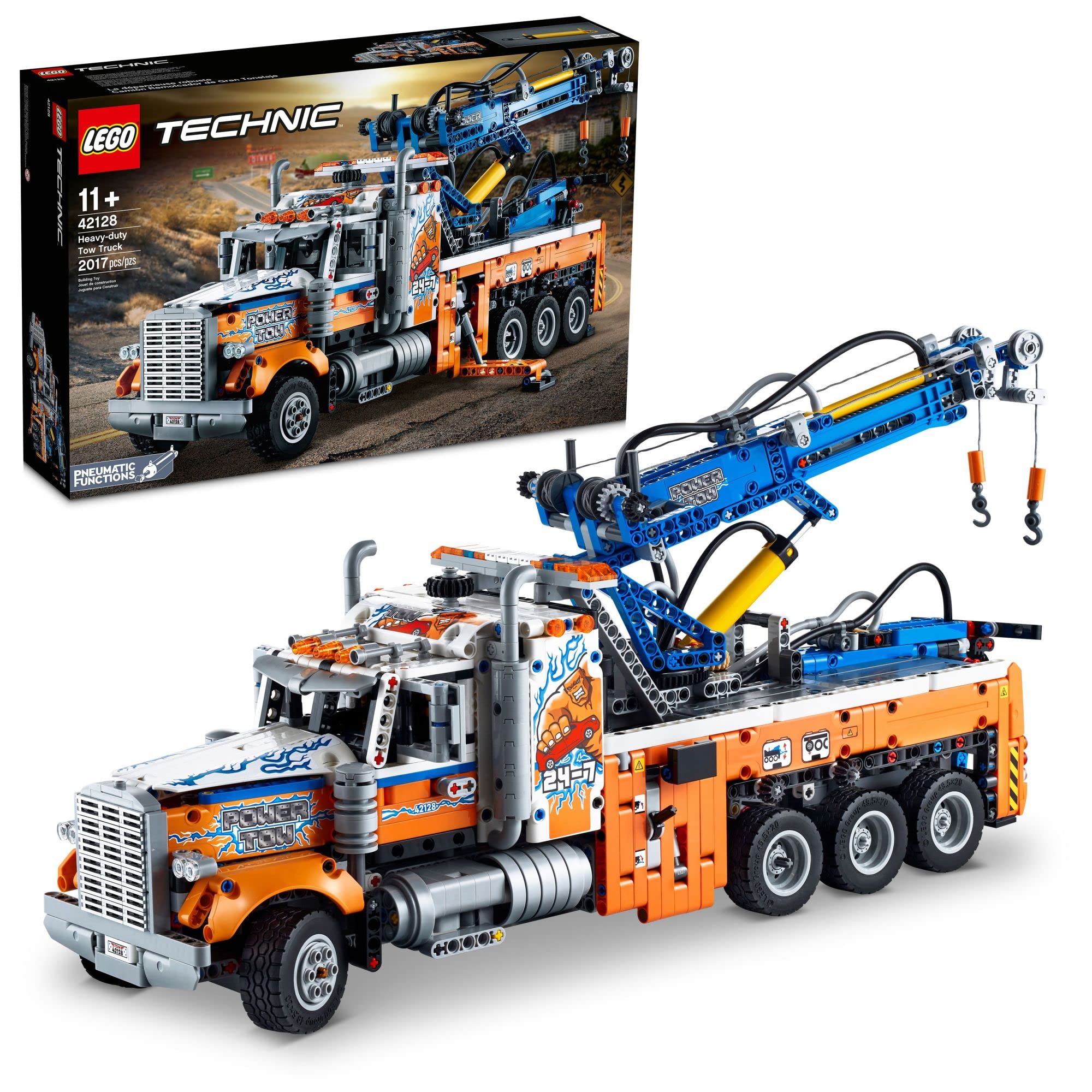 LEGO Technic 42128 front view shows detailed tow truck styling for realistic play.