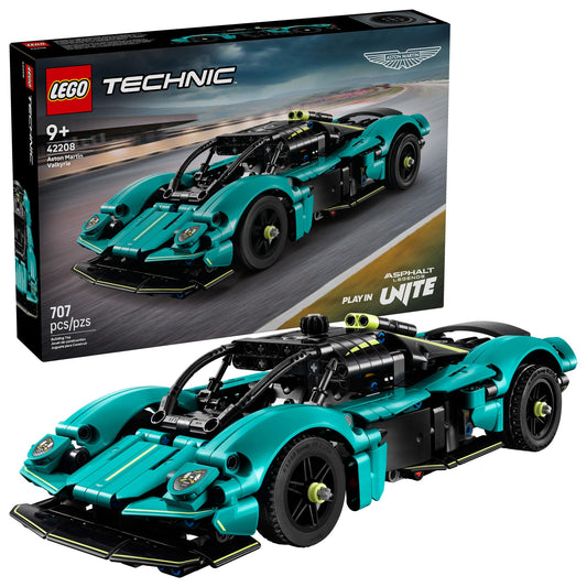 LEGO Technic Aston Martin Valkyrie teal front view highlights aerodynamic design for play.