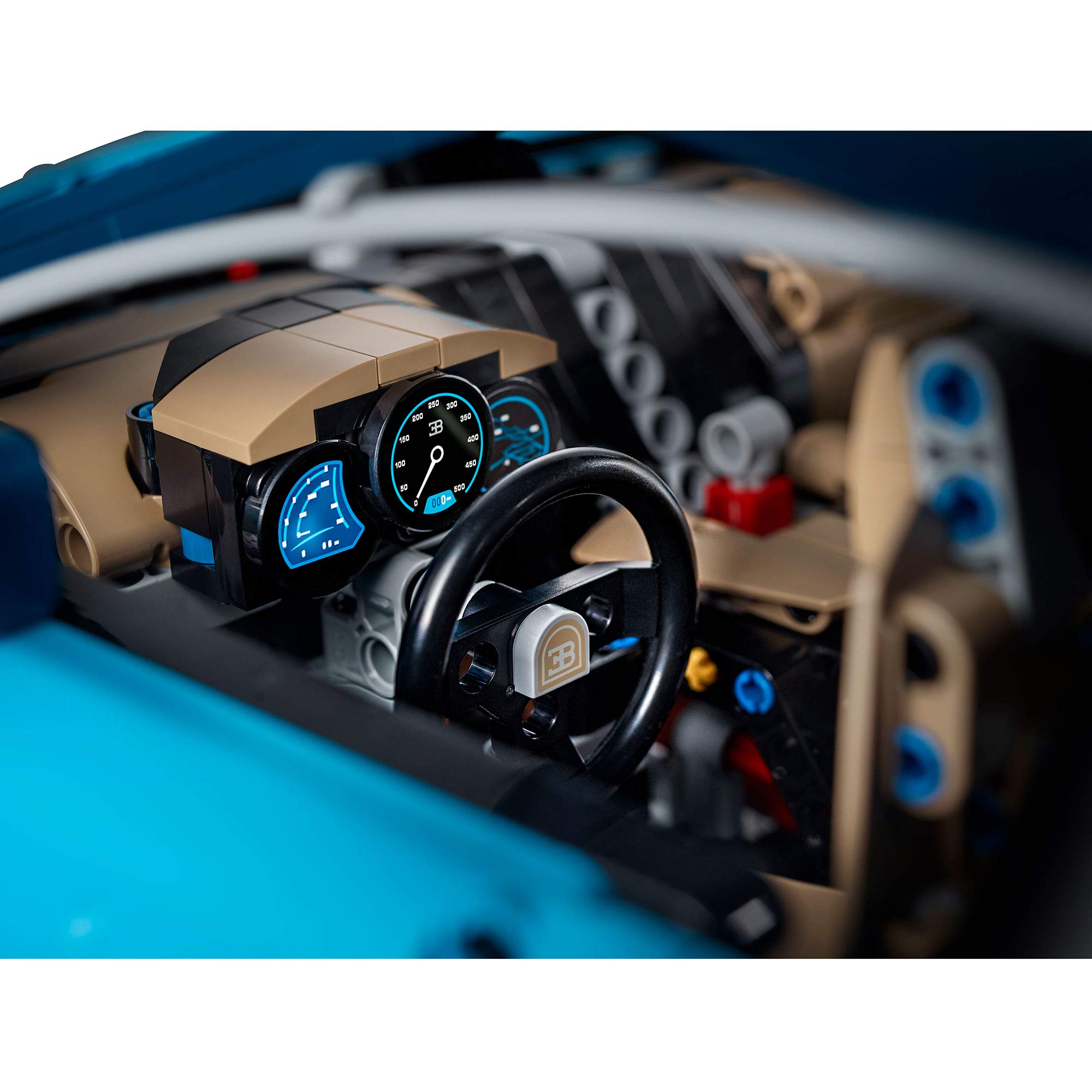 LEGO Technic Bugatti Chiron 42083 cockpit with steering wheel and gear shift realism
