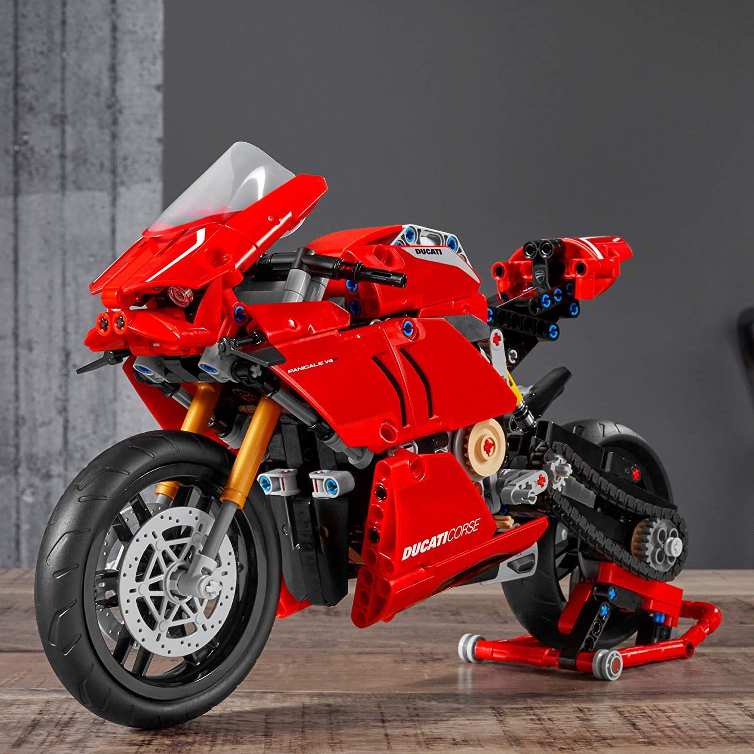 LEGO Technic Ducati Panigale V4 R 42107 display stand completes the showcased model.