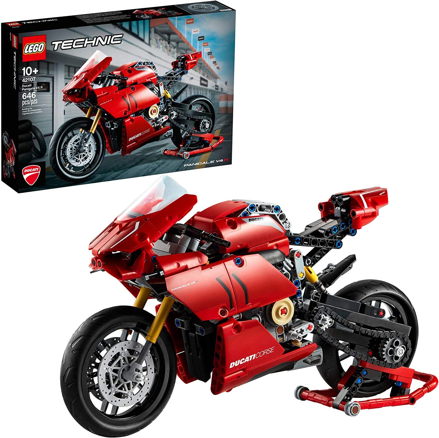 LEGO Technic Ducati Panigale V4 R 42107 rear suspension supports authentic ride feel.