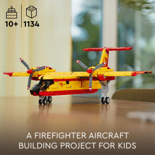 LEGO Technic Firefighter Aircraft landing gear moves for realistic takeoffs.