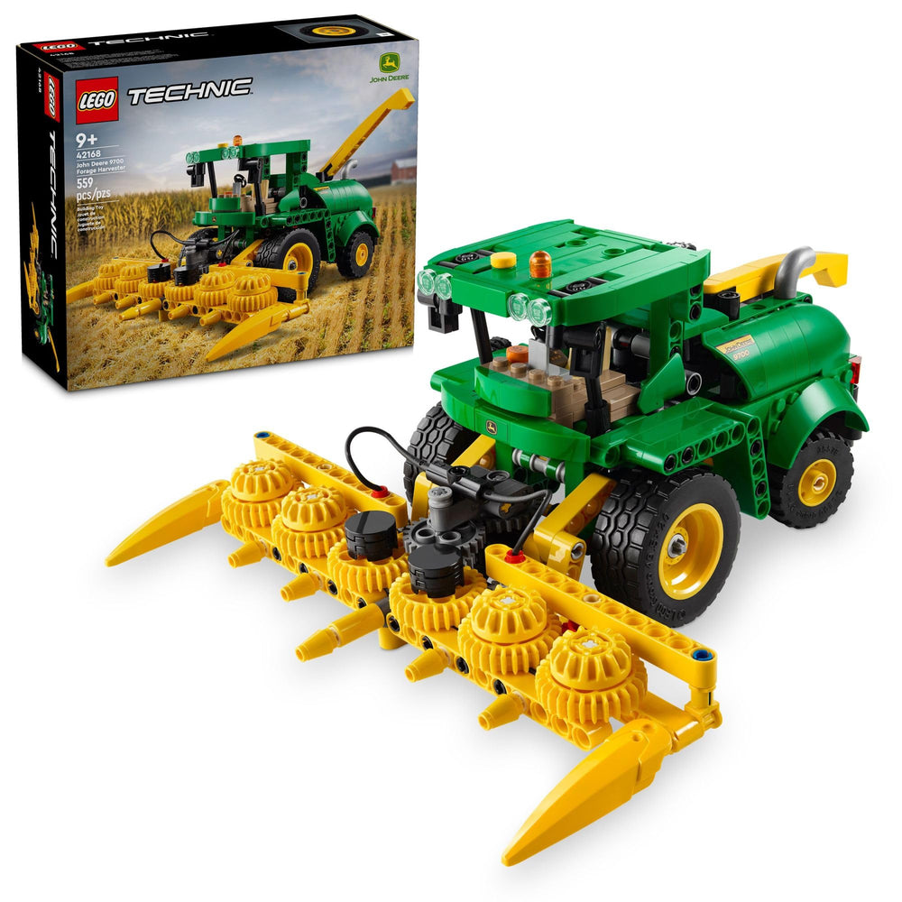 LEGO Technic John Deere 9700 forage harvester front header in action for realistic farming play.
