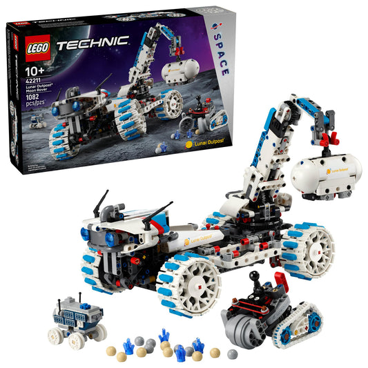 LEGO Technic Lunar Outpost Moon Rover front view shows rugged all-terrain design for space play