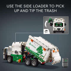 LEGO Technic Mack LR lift and tip feature demonstrates realistic garbage collection motions for pretend play.