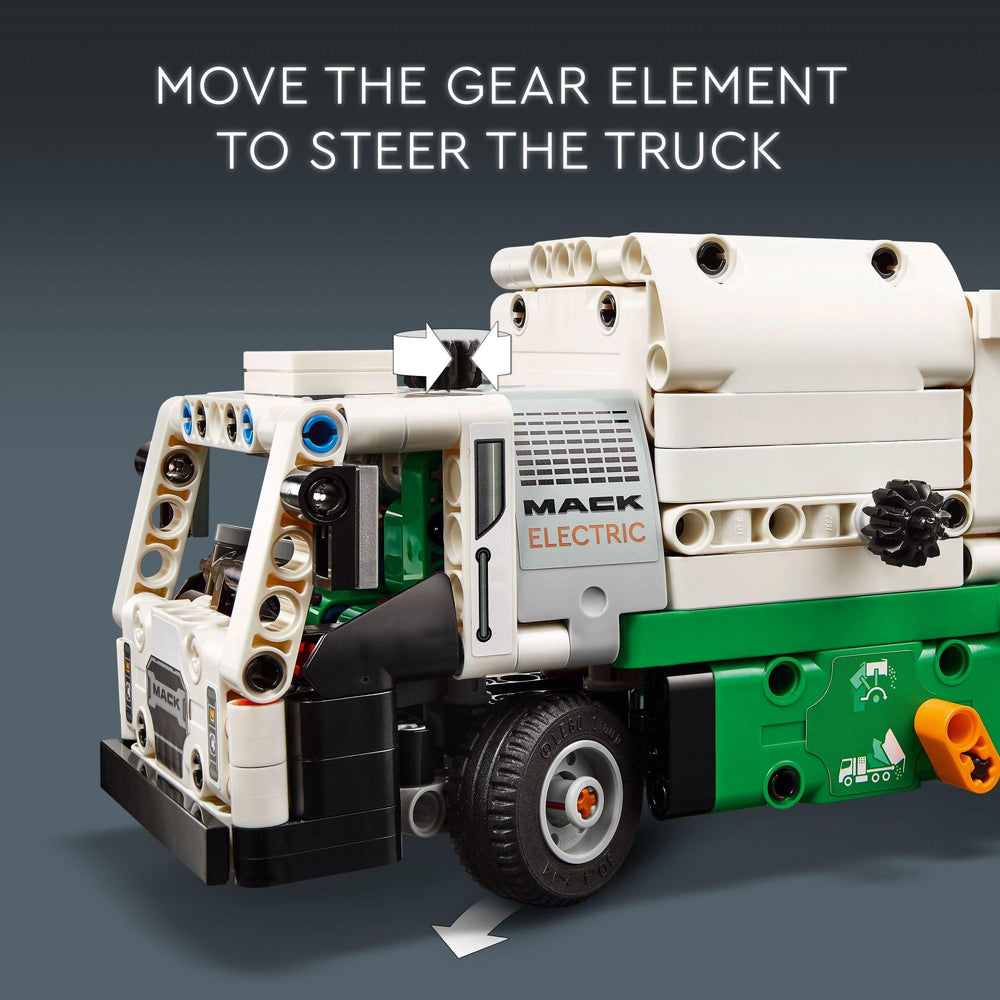LEGO Technic Mack LR steering mechanism helps guide the truck into position during stories.