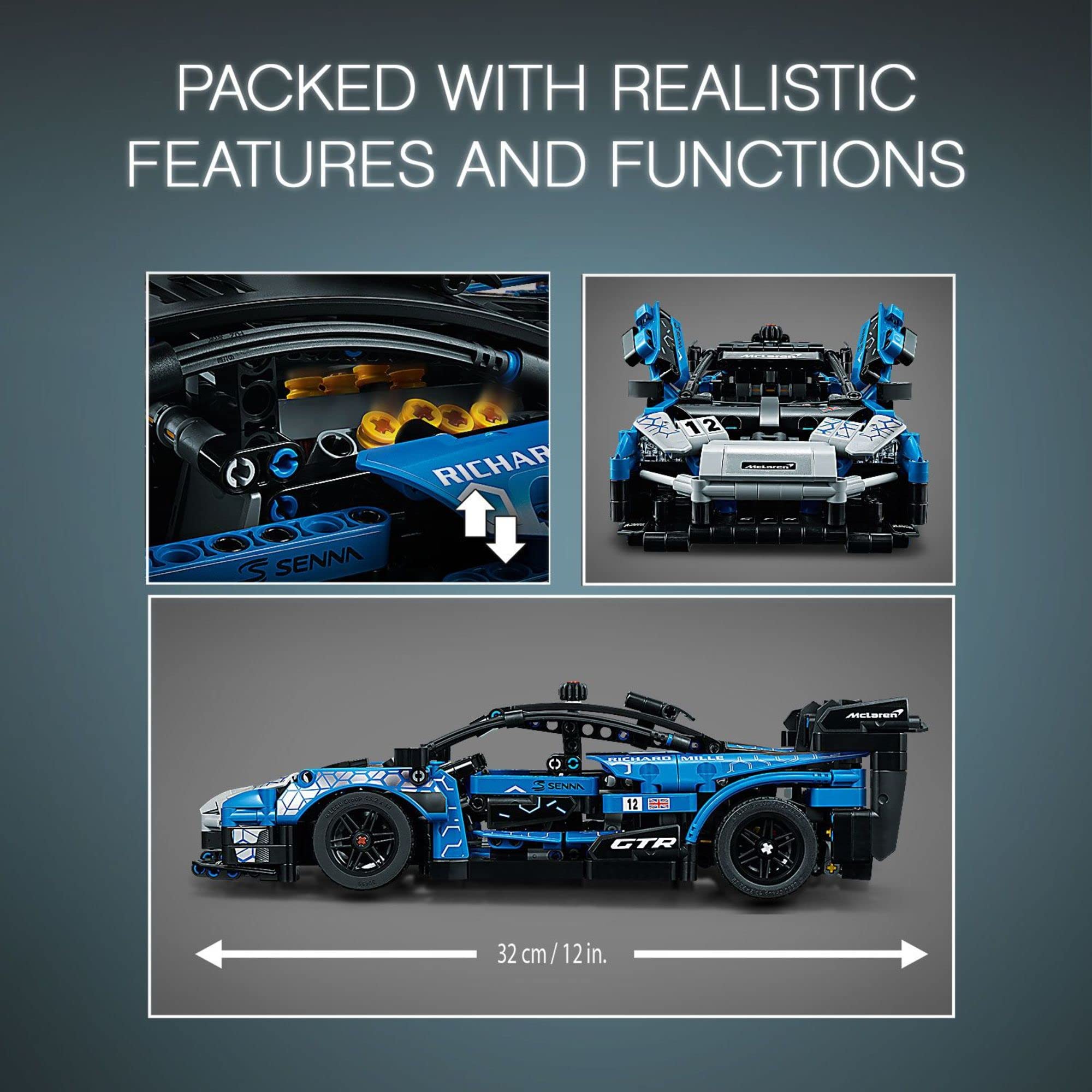 LEGO Technic McLaren Senna GTR display-ready race model on a desk or shelf.