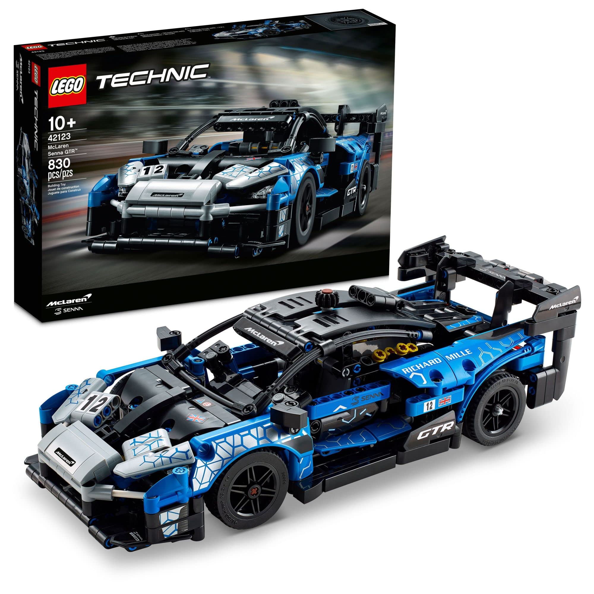 LEGO Technic McLaren Senna GTR front view with race-inspired graphics for display.