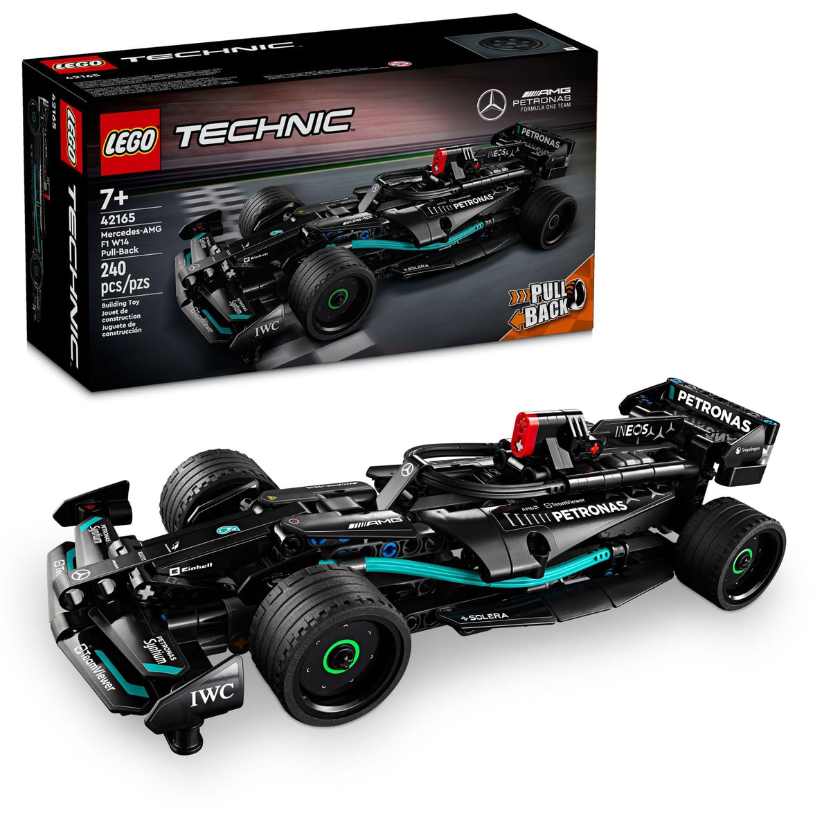 LEGO Technic Mercedes-AMG F1 W14 E pull-back car front view, ready for racing