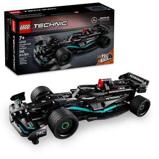 LEGO Technic Mercedes-AMG F1 W14 E pull-back car front view, ready for racing