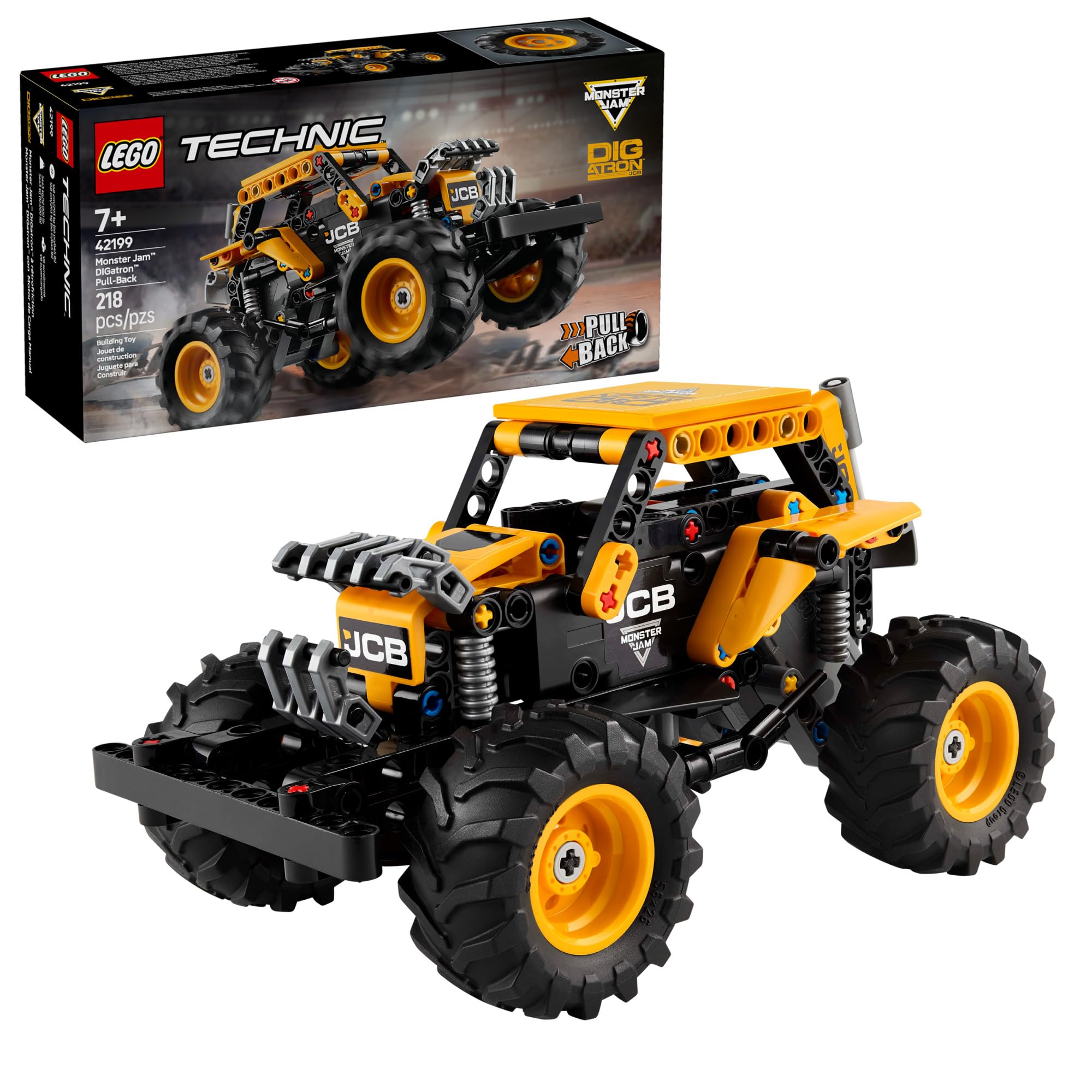 LEGO Technic Monster Jam DIGatron pull-back truck front view for fast stunt play.