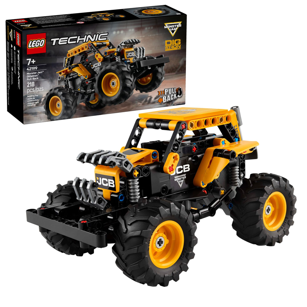 LEGO Technic Monster Jam DIGatron pull-back truck front view for fast stunt play.