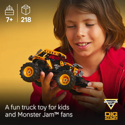 LEGO DIGatron pull-back truck side view highlights authentic Monster Jam details.