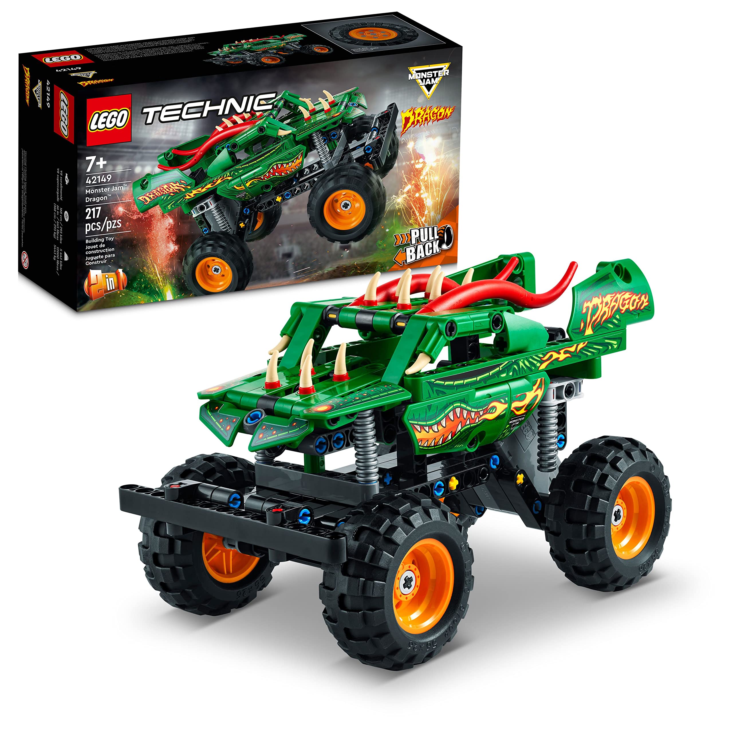 LEGO Technic Monster Jam Dragon Truck front view highlights spikes for dramatic play.