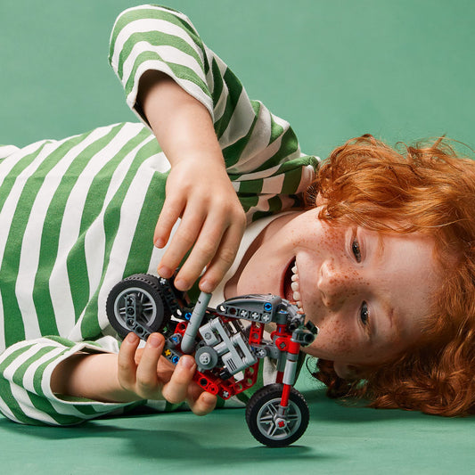 LEGO Technic motorcycle 42132 side model highlights two-in-one design for versatile roleplay
