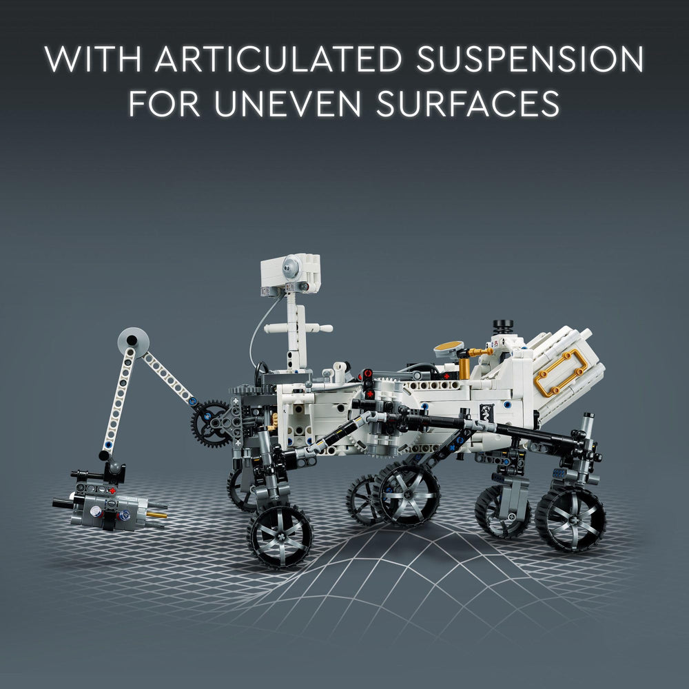 LEGO Technic NASA Mars Rover Perseverance 360-degree steering for realistic rover handling.