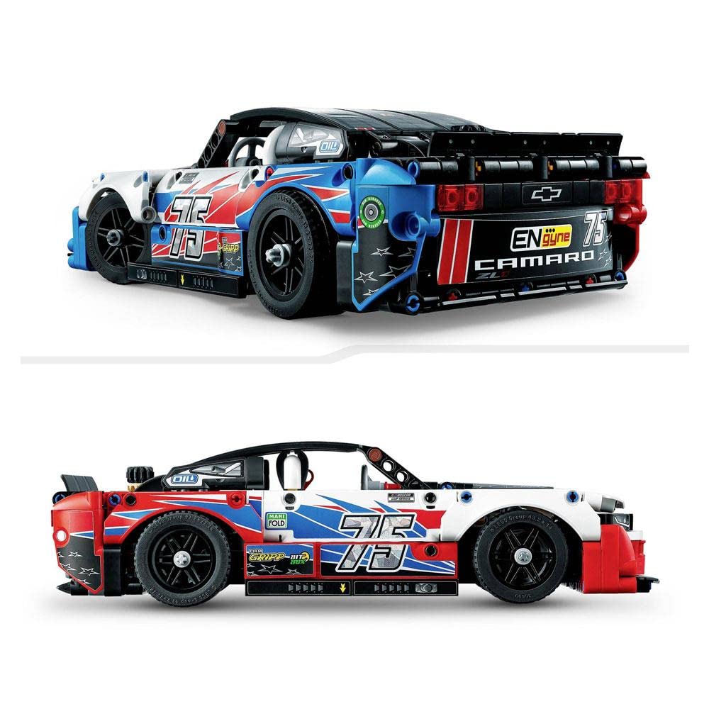 LEGO Technic NASCAR Camaro ZL1 model detailed engine highlights moving pistons.