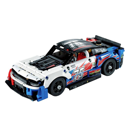 LEGO Technic NASCAR Camaro ZL1 model side view highlights sleek decals and accurate proportions.