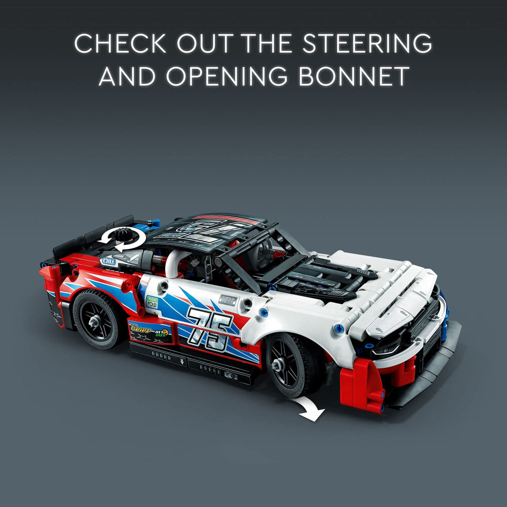 LEGO Technic NASCAR Camaro ZL1 open hood reveals engine-inspired features