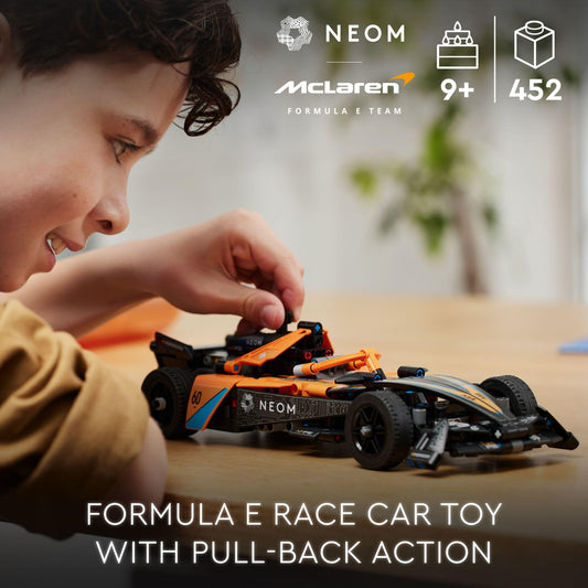 LEGO Technic NEOM McLaren race car pull-back action for speedy play.