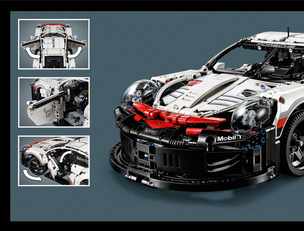 LEGO Technic Porsche 911 RSR cockpit interior with realistic controls