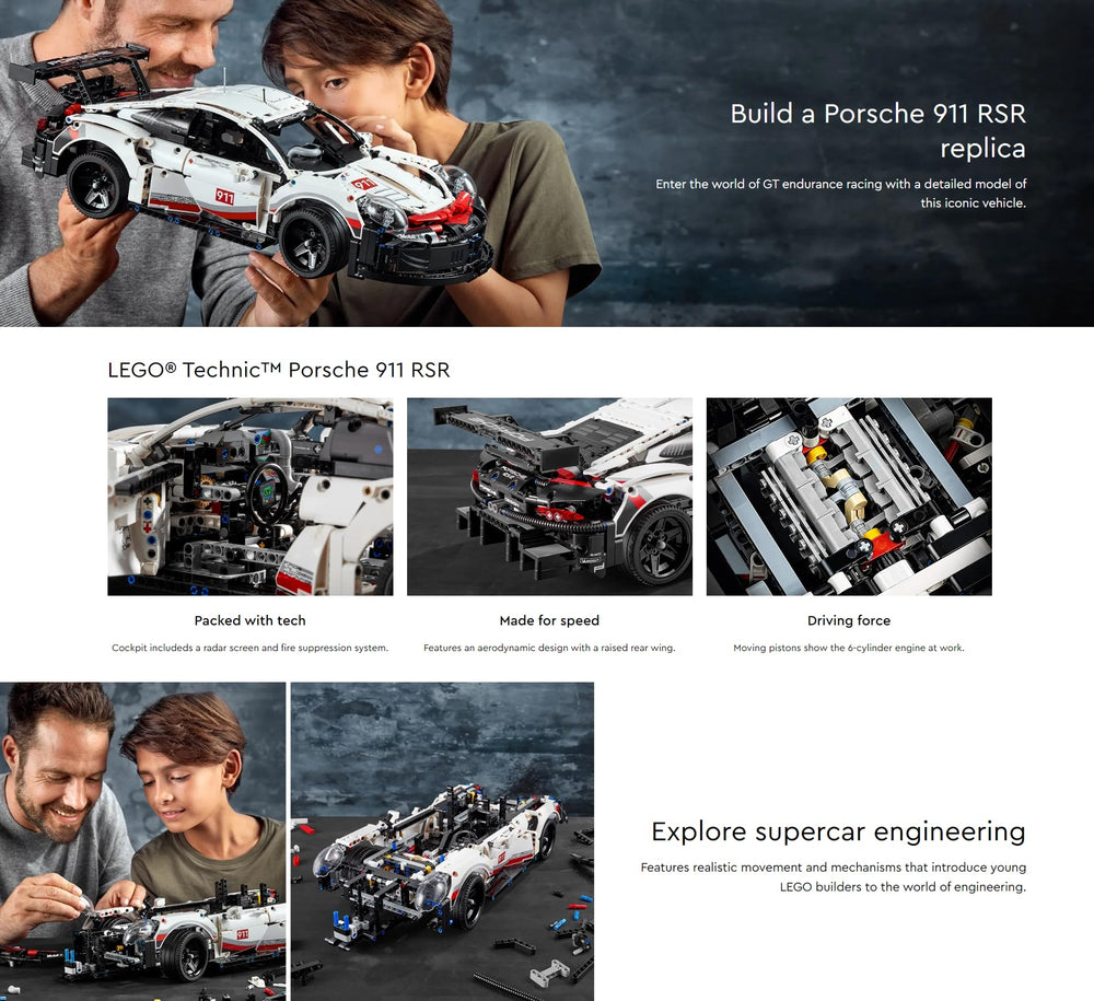 LEGO Technic Porsche 911 RSR swan-neck wing detail on a true-to-life silhouette
