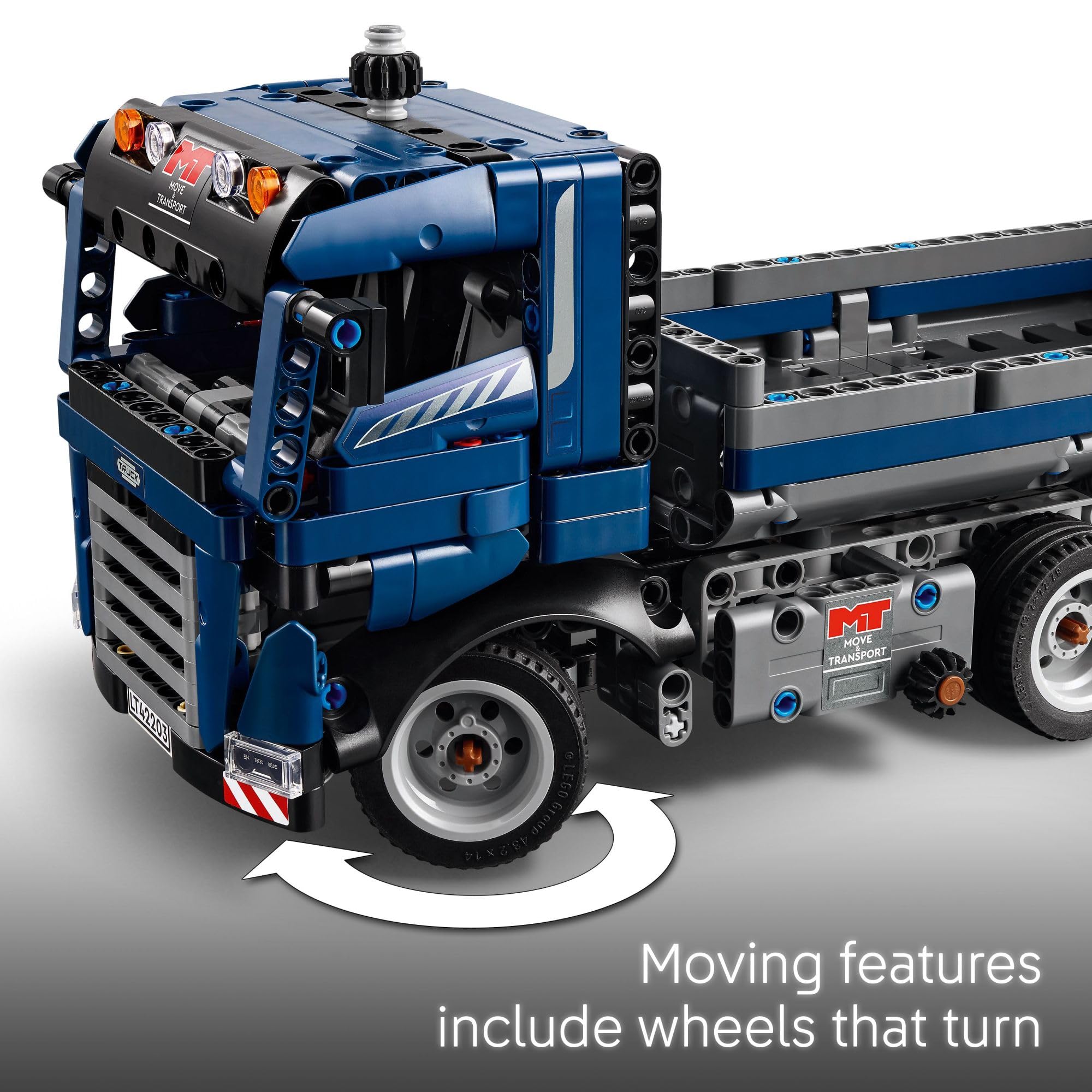 LEGO Technic tipping dump truck detailed cab, inviting interior exploration and role-play adventures
