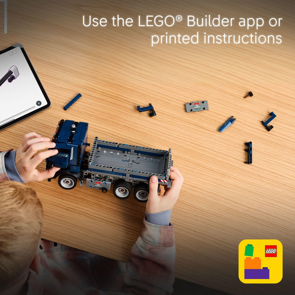 LEGO Technic tipping dump truck dimensions, accurate size for display and hands-on play