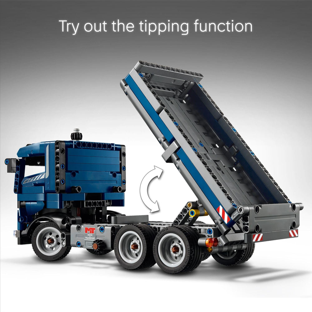 LEGO Technic tipping dump truck knob operation, demonstrates intuitive mechanism for curious builders