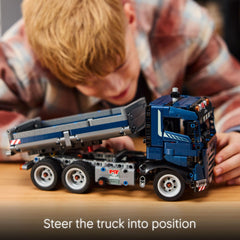 LEGO Technic tipping dump truck open doors, reveals cab interior for storytelling play
