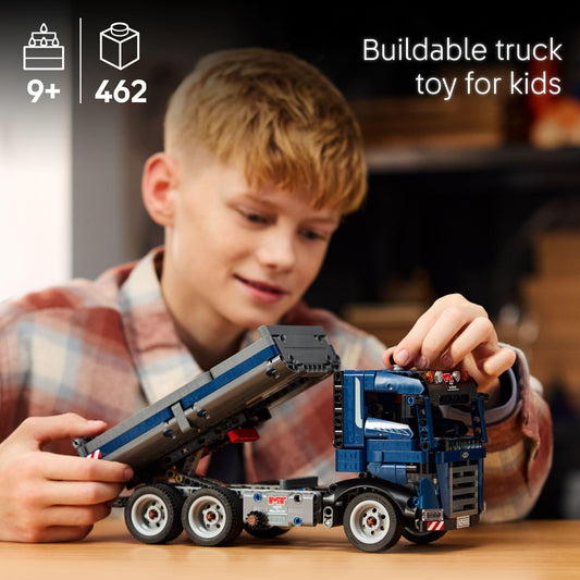 LEGO Technic tipping dump truck side view, showcasing tipping action for interactive play sessions