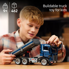 LEGO Technic tipping dump truck side view, showcasing tipping action for interactive play sessions