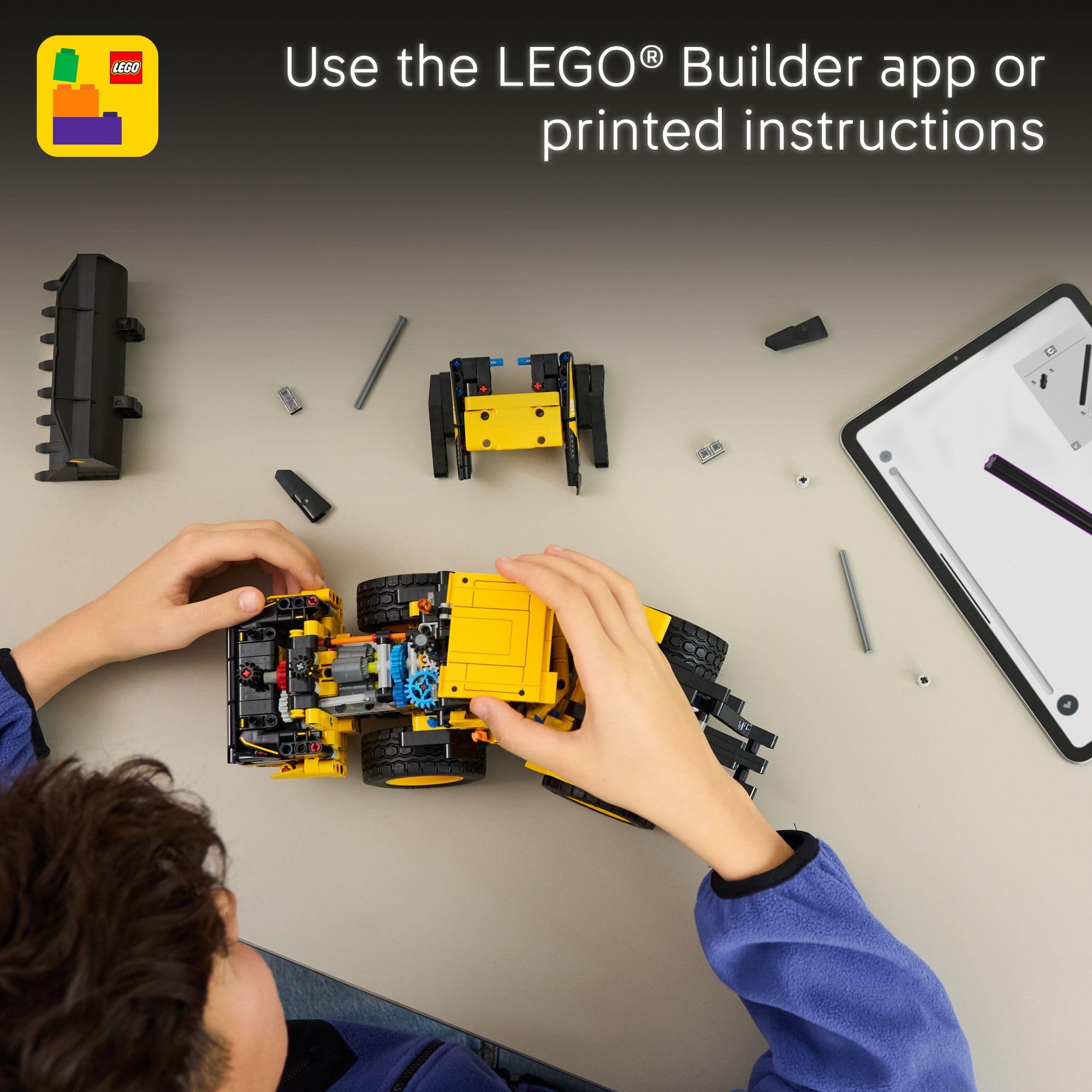 LEGO Technic Volvo L120 Electric Wheel Loader battery-themed detail promotes electric vehicle storytelling