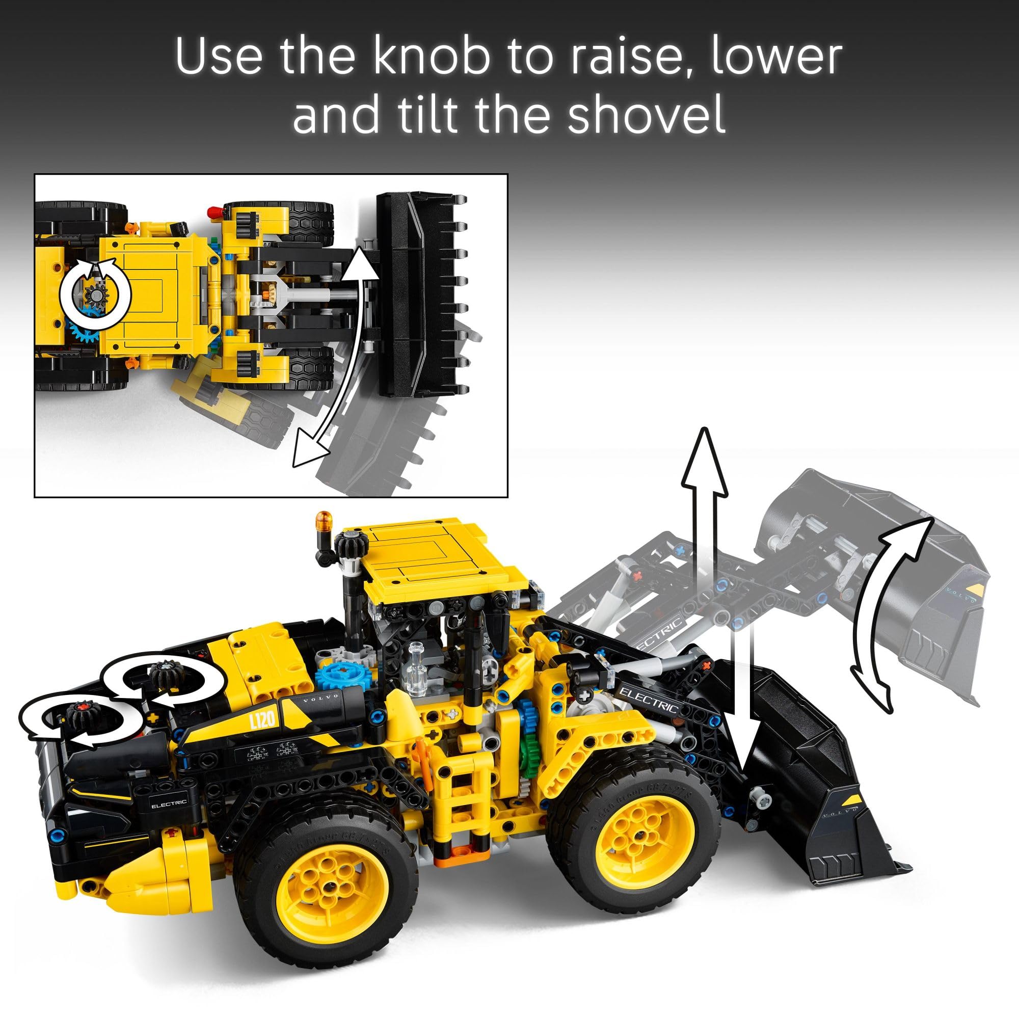 LEGO Technic Volvo L120 Electric Wheel Loader shovel action demonstrates raise and tilt features
