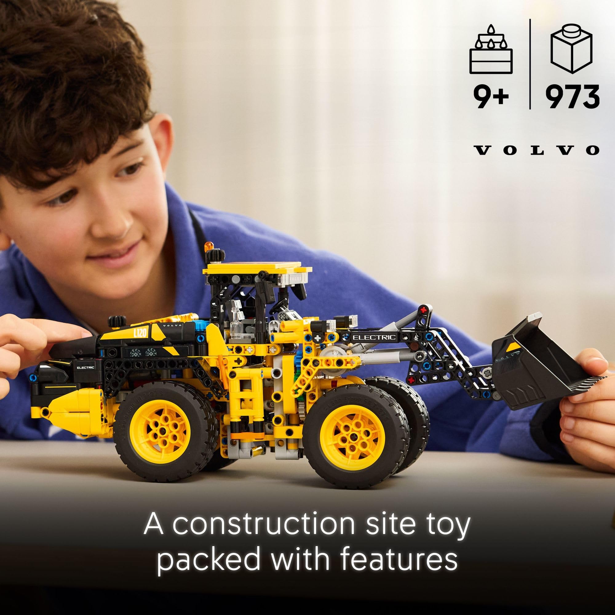 LEGO Technic Volvo L120 Electric Wheel Loader side view highlights maneuverable construction play