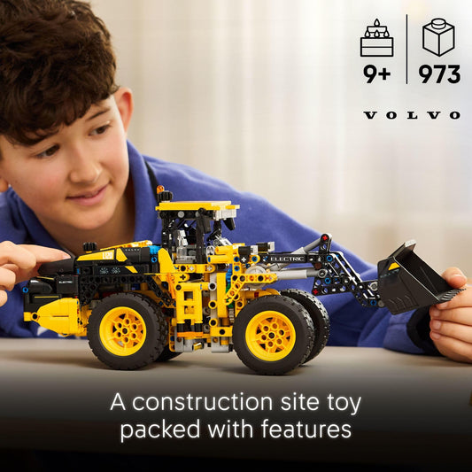 LEGO Technic Volvo L120 Electric Wheel Loader side view highlights maneuverable construction play