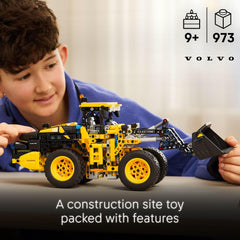 LEGO Technic Volvo L120 Electric Wheel Loader side view highlights maneuverable construction play