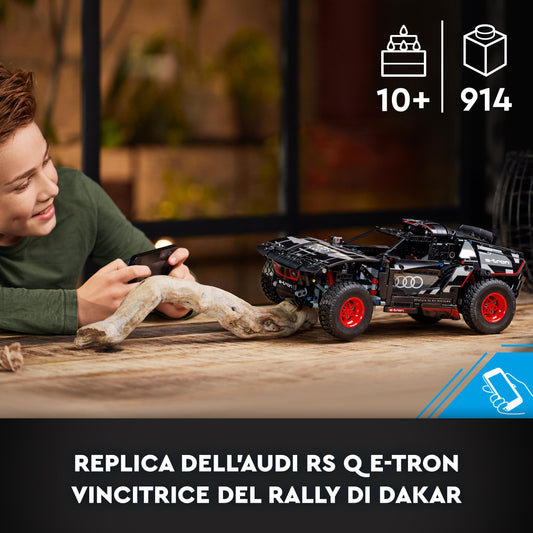 LEGO Technic Audi RS Q e-tron 42160 side view highlighting detailed suspension and engineering