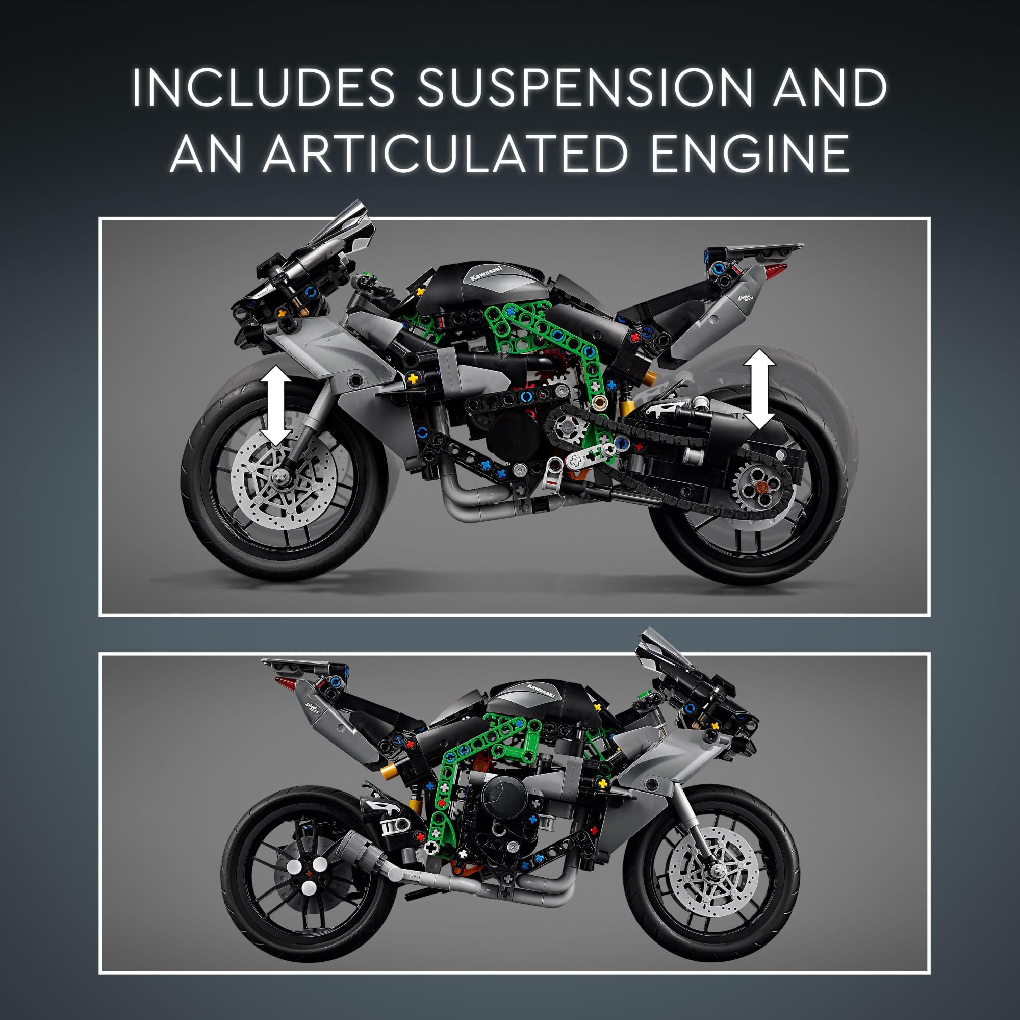 LEGO Technic Kawasaki Ninja H2R kickstand display-ready pose for showcase