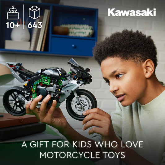 LEGO Technic Kawasaki Ninja H2R side view emphasizes authentic scale details for builders