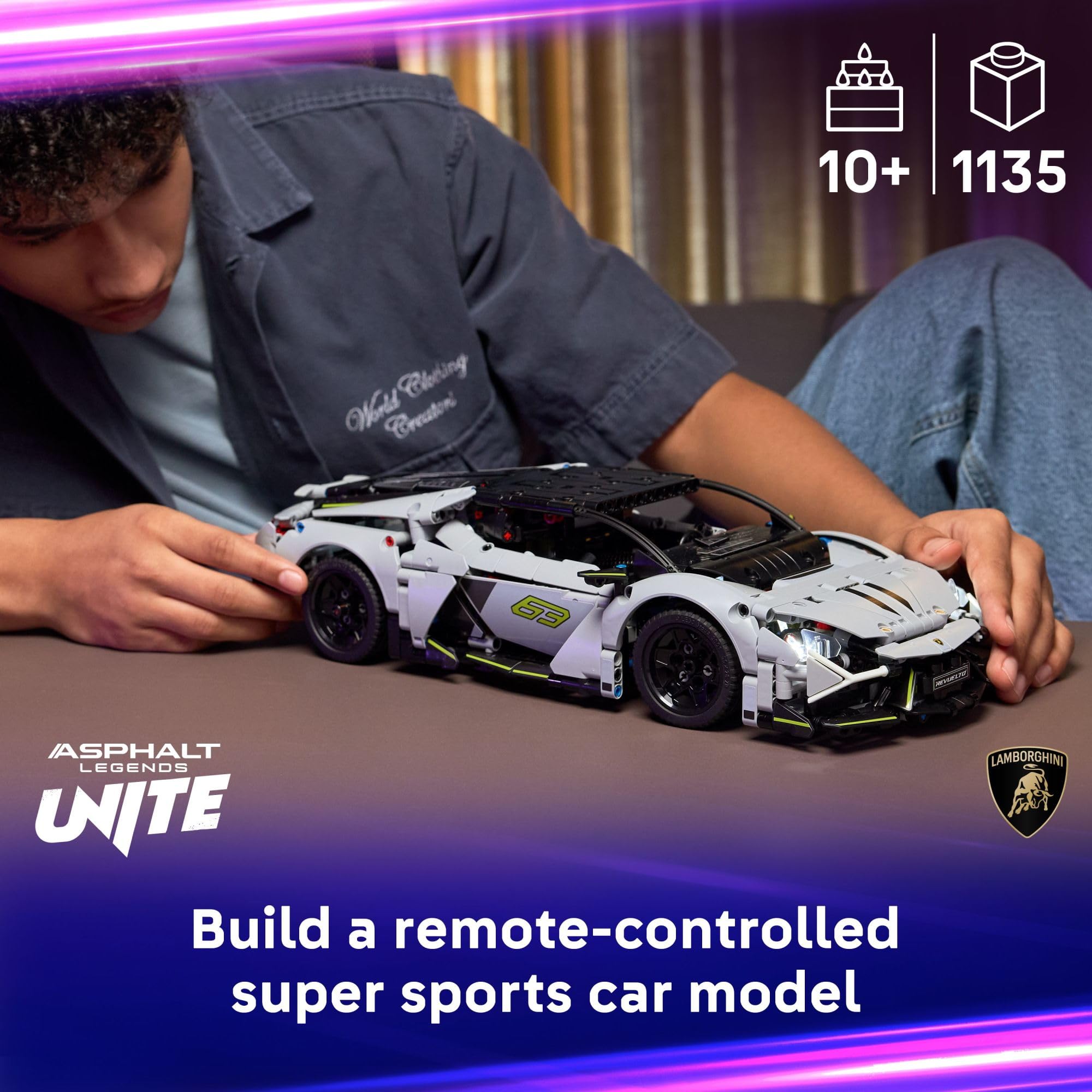 LEGO Technic Lamborghini Revuelto glow headlights for dramatic night-time visuals.