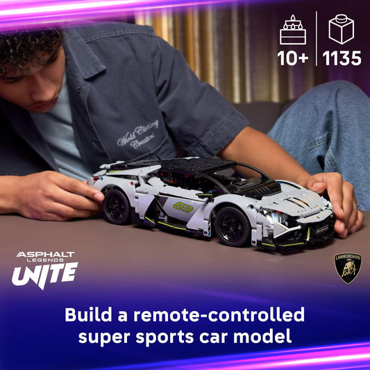 LEGO Technic Lamborghini Revuelto glow headlights for dramatic night-time visuals.