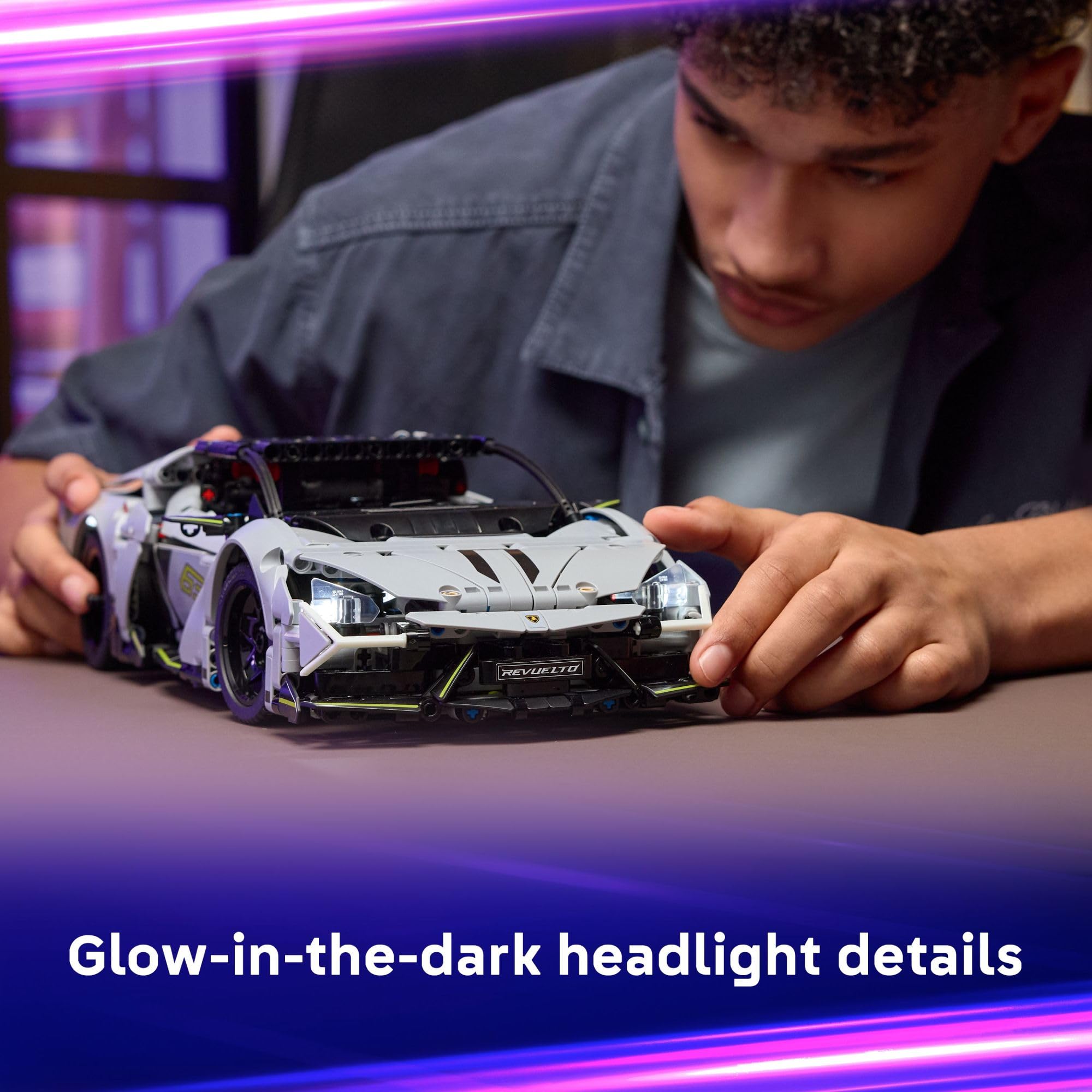 LEGO Technic Lamborghini Revuelto rechargeable battery powers motor and lights.