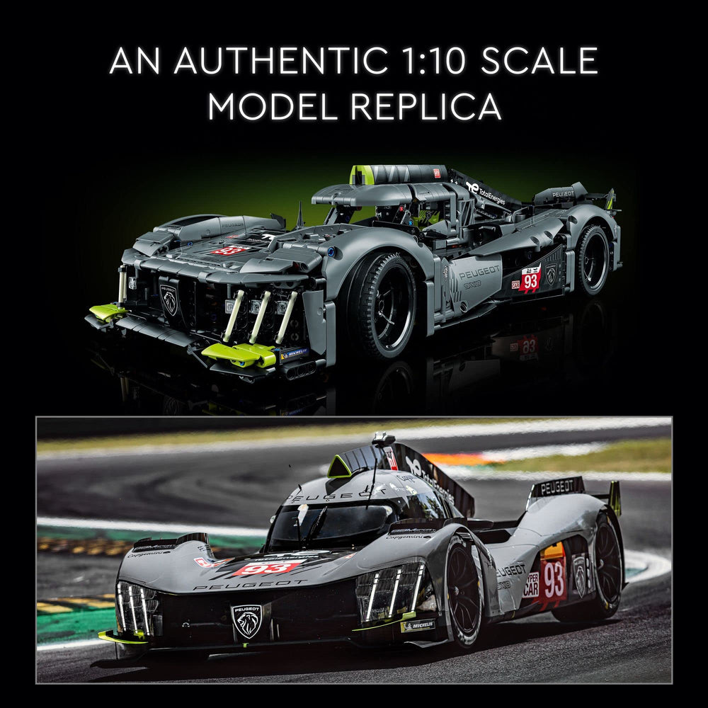 LEGO Peugeot 9X8 glow-in-the-dark lights for night-race atmosphere.