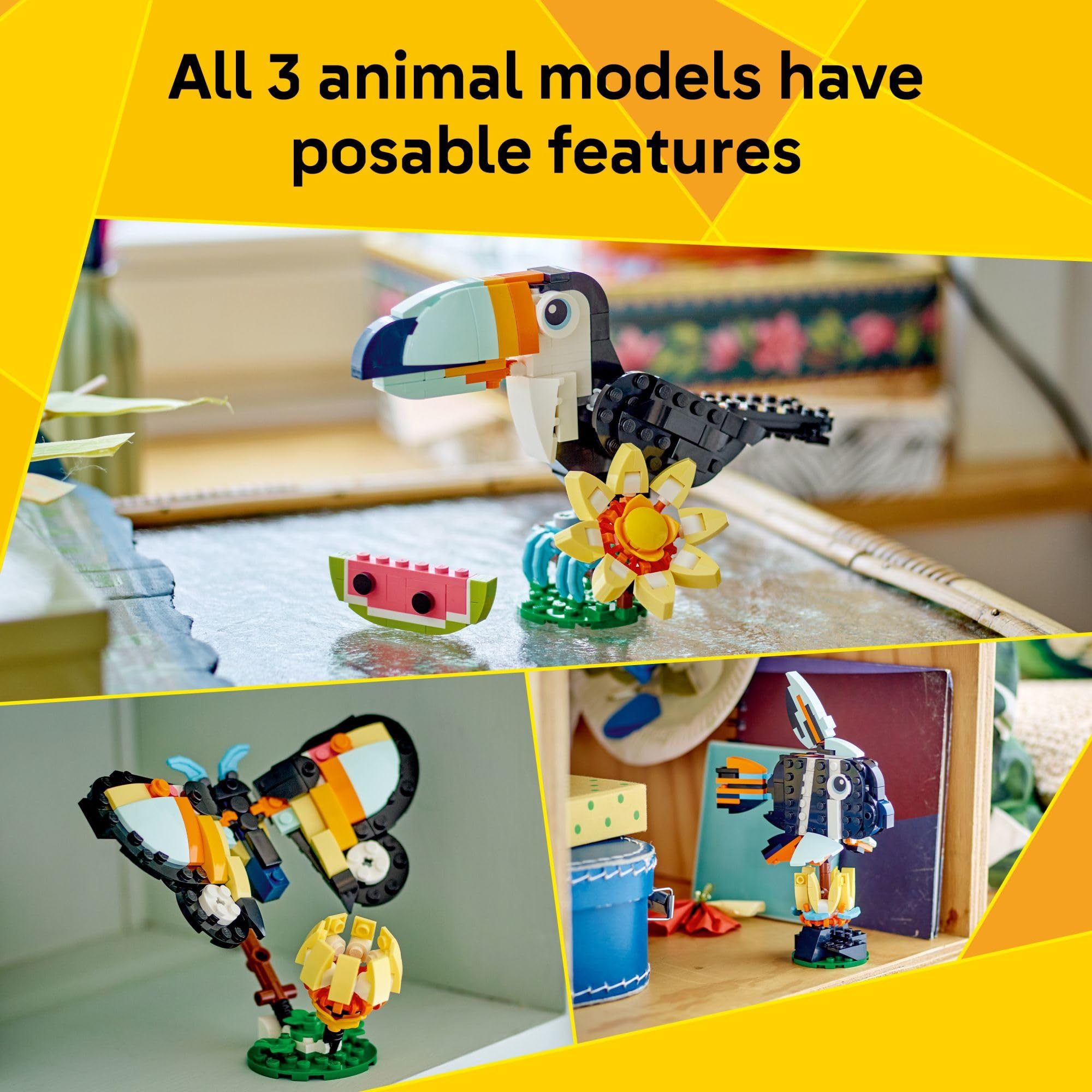 LEGO Toucan movable wings for dynamic, action-packed pretend play sessions.
