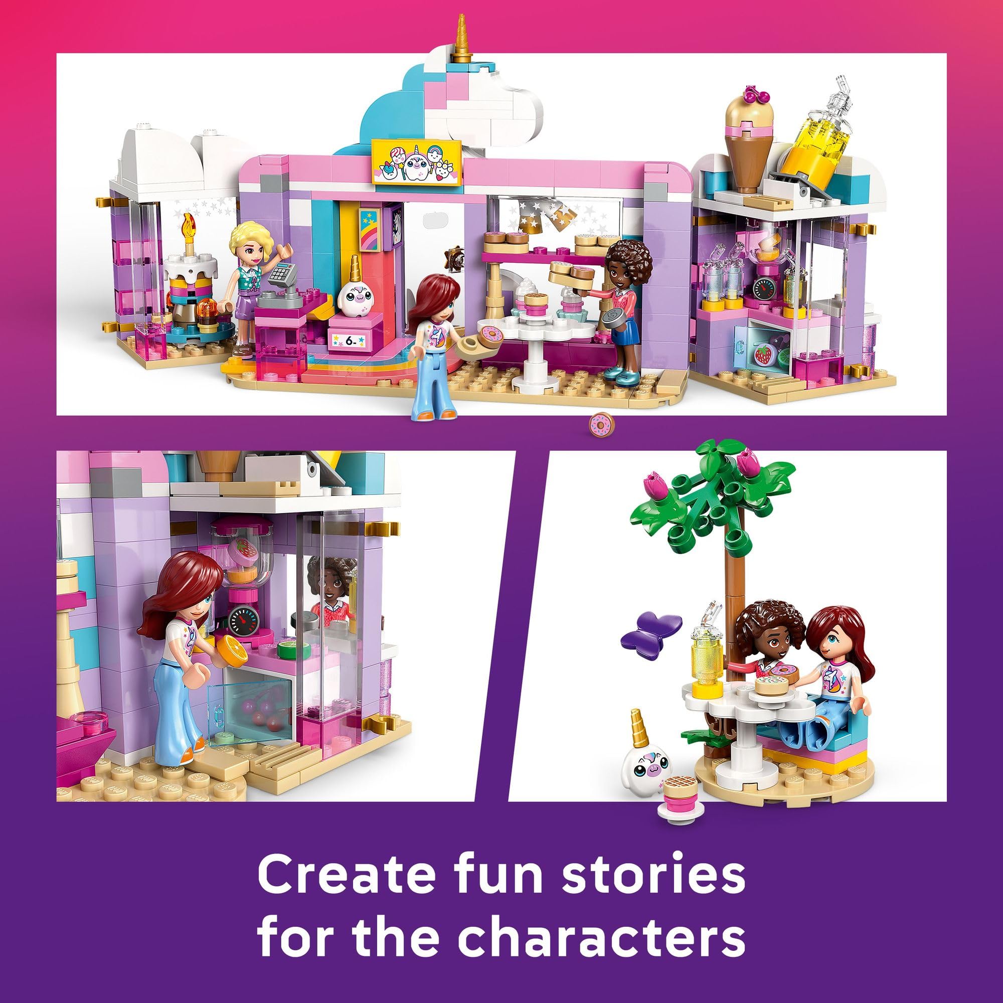 LEGO interior seating area of Unicorn Dream Café showing bar and customer tables